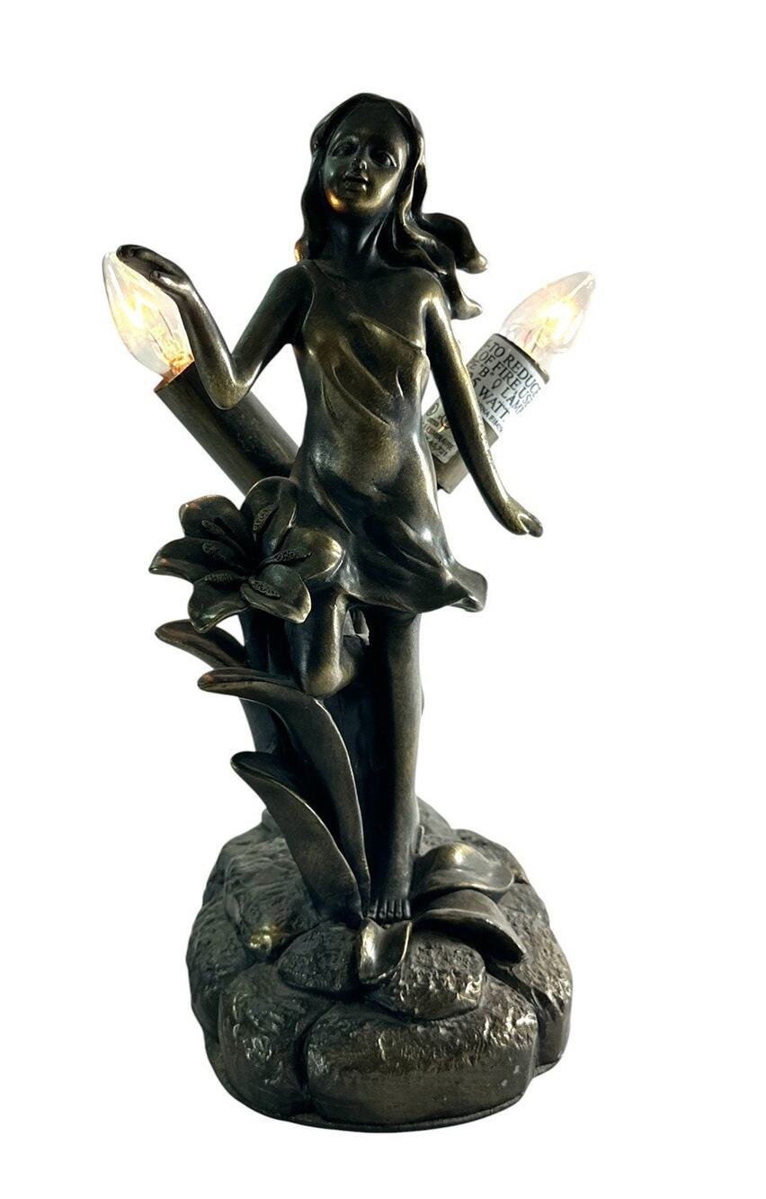 Vintage 2002 Resin Fairy Maiden Accent Lamp Bronze Tone Floral 9.5” Working